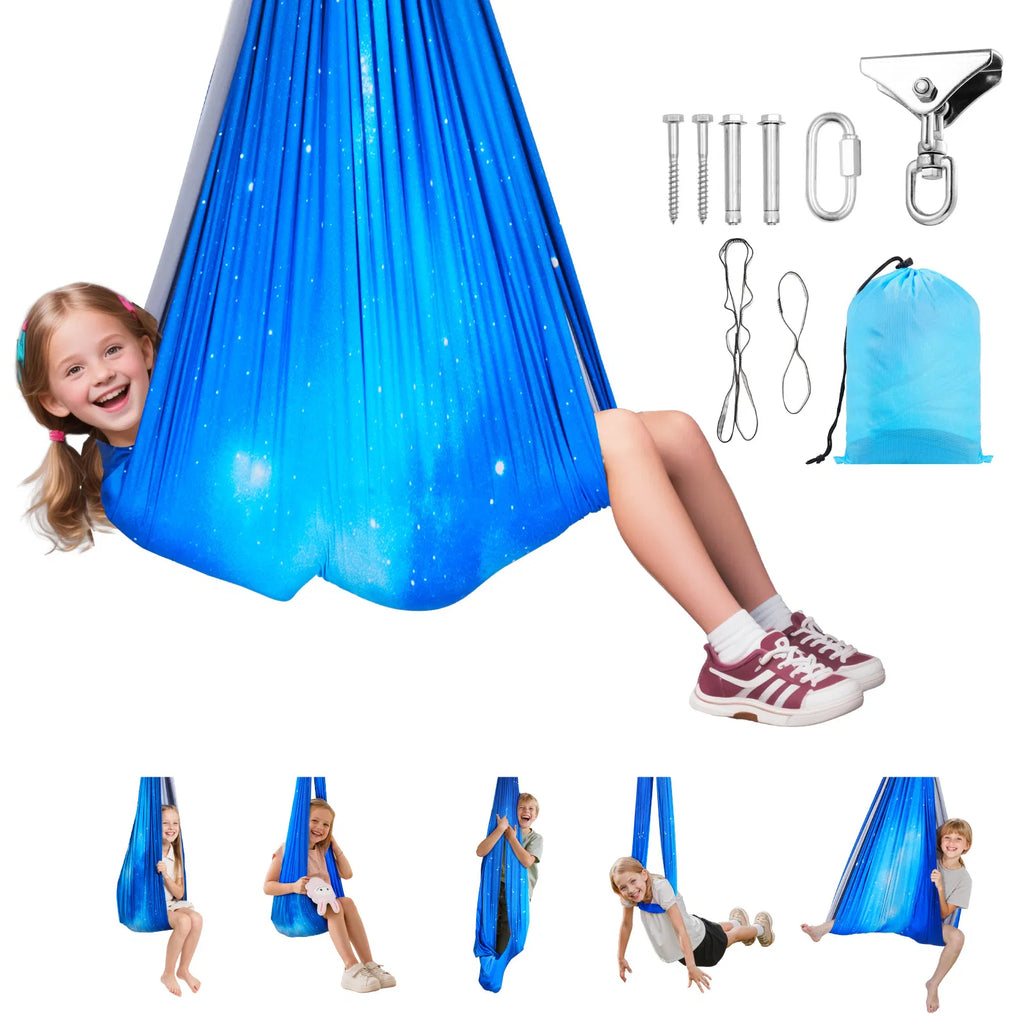 Kids Sensory Swing Hammock, Double Layer Stretch Fabric Hanging Chair with 360° Swivel, Indoor Outdoor Therapy Swing Holds up to 300 lbs
