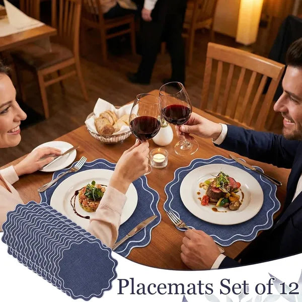 Aeelleea 12 Pack Floral Embroidered Placemats,15×15in Scalloped Cotton Linen Mats, Washable Wrinkle Resistant for Dining Kitchen Decor, Navy Blue