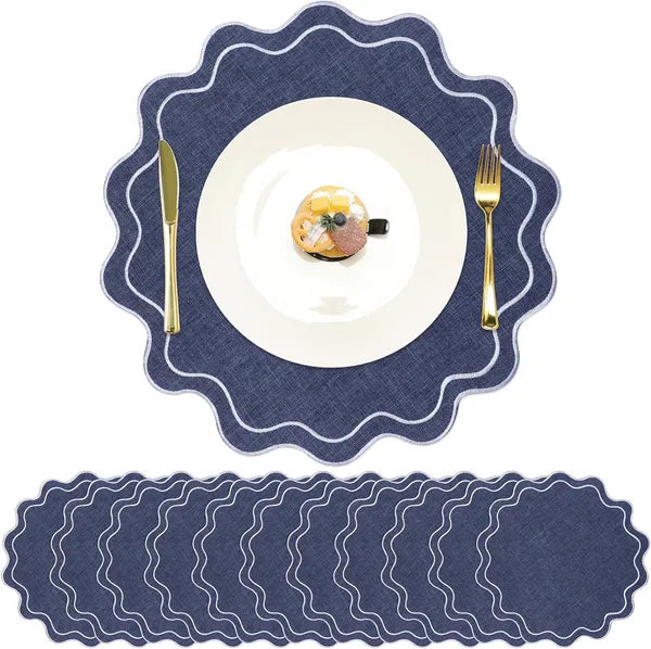 Aeelleea 12 Pack Floral Embroidered Placemats,15×15in Scalloped Cotton Linen Mats, Washable Wrinkle Resistant for Dining Kitchen Decor, Navy Blue