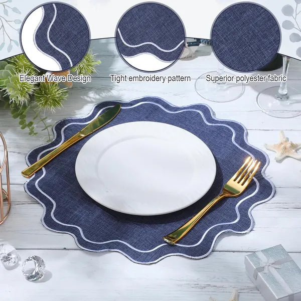 Aeelleea 12 Pack Floral Embroidered Placemats,15×15in Scalloped Cotton Linen Mats, Washable Wrinkle Resistant for Dining Kitchen Decor, Navy Blue