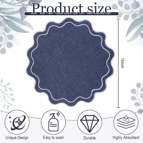 Aeelleea 12 Pack Floral Embroidered Placemats,15×15in Scalloped Cotton Linen Mats, Washable Wrinkle Resistant for Dining Kitchen Decor, Navy Blue