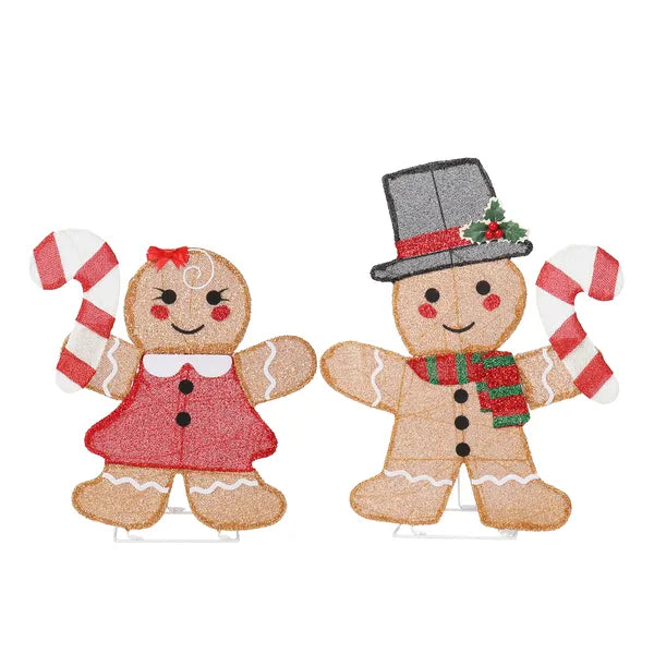 Aeelleea 2 Pack Pre-lit 2D Gingerbread Man & Candy Cane Christmas Decorations, 80 Warm White LED Lights, Indoor Outdoor Holiday Ornaments