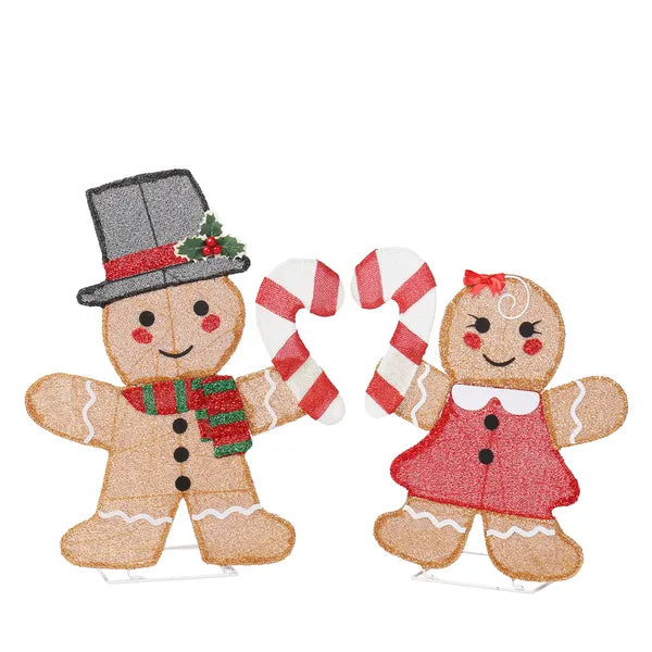 Aeelleea 2 Pack Pre-lit 2D Gingerbread Man & Candy Cane Christmas Decorations, 80 Warm White LED Lights, Indoor Outdoor Holiday Ornaments