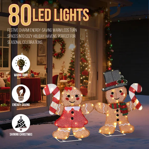 Aeelleea 2 Pack Pre-lit 2D Gingerbread Man & Candy Cane Christmas Decorations, 80 Warm White LED Lights, Indoor Outdoor Holiday Ornaments