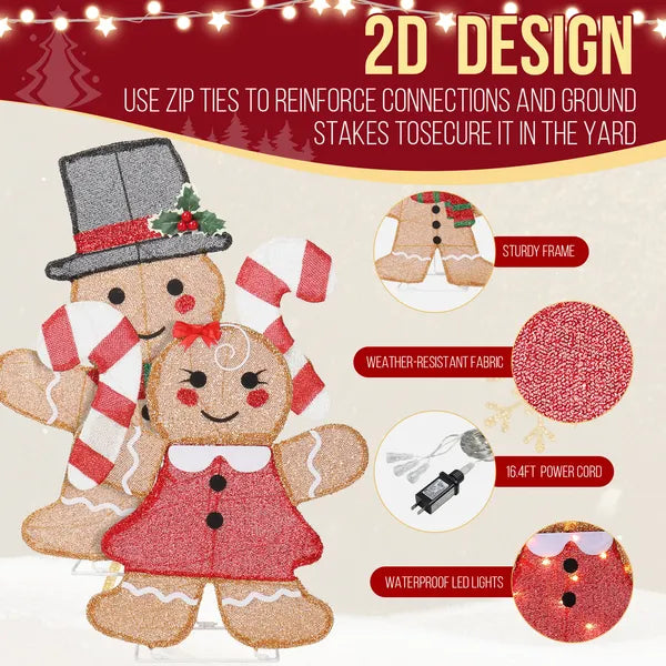 Aeelleea 2 Pack Pre-lit 2D Gingerbread Man & Candy Cane Christmas Decorations, 80 Warm White LED Lights, Indoor Outdoor Holiday Ornaments
