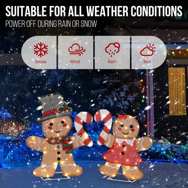 Aeelleea 2 Pack Pre-lit 2D Gingerbread Man & Candy Cane Christmas Decorations, 80 Warm White LED Lights, Indoor Outdoor Holiday Ornaments