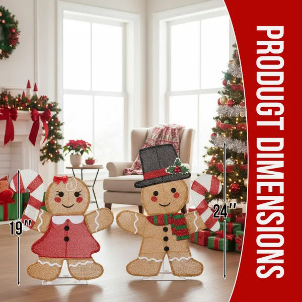 Aeelleea 2 Pack Pre-lit 2D Gingerbread Man & Candy Cane Christmas Decorations, 80 Warm White LED Lights, Indoor Outdoor Holiday Ornaments
