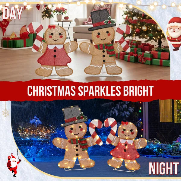 Aeelleea 2 Pack Pre-lit 2D Gingerbread Man & Candy Cane Christmas Decorations, 80 Warm White LED Lights, Indoor Outdoor Holiday Ornaments
