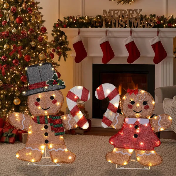 Aeelleea 2 Pack Pre-lit 2D Gingerbread Man & Candy Cane Christmas Decorations, 80 Warm White LED Lights, Indoor Outdoor Holiday Ornaments