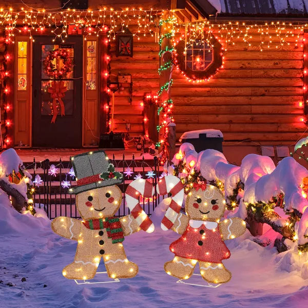 Aeelleea 2 Pack Pre-lit 2D Gingerbread Man & Candy Cane Christmas Decorations, 80 Warm White LED Lights, Indoor Outdoor Holiday Ornaments