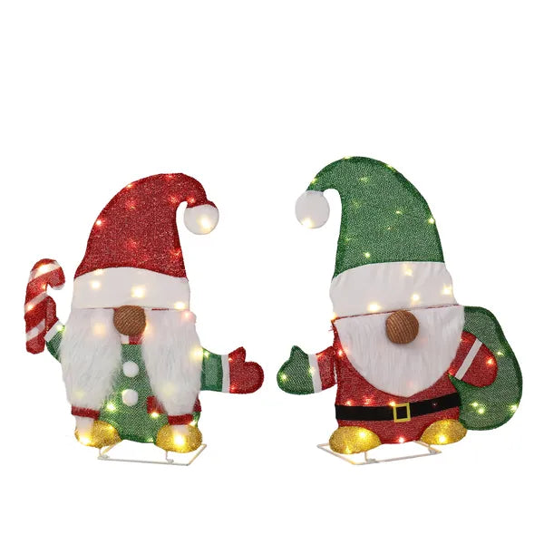 Aeelleea Set of 2 Lighted Christmas Gnome Yard Decorations, 2D Pre-lit 80 Warm White LED Lights, Indoor Outdoor Holiday Ornaments with Candy Cane