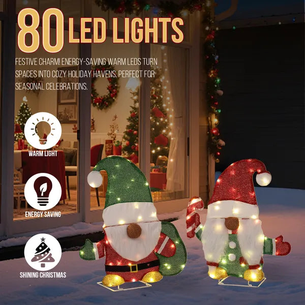 Aeelleea Set of 2 Lighted Christmas Gnome Yard Decorations, 2D Pre-lit 80 Warm White LED Lights, Indoor Outdoor Holiday Ornaments with Candy Cane