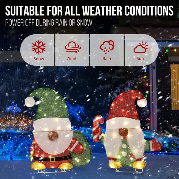 Aeelleea Set of 2 Lighted Christmas Gnome Yard Decorations, 2D Pre-lit 80 Warm White LED Lights, Indoor Outdoor Holiday Ornaments with Candy Cane