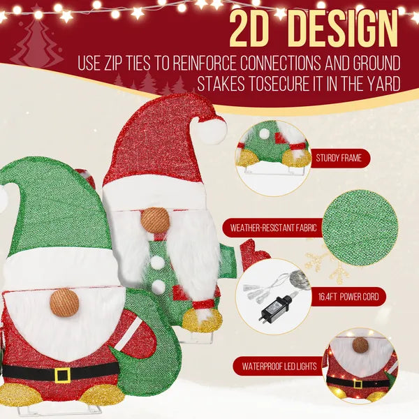 Aeelleea Set of 2 Lighted Christmas Gnome Yard Decorations, 2D Pre-lit 80 Warm White LED Lights, Indoor Outdoor Holiday Ornaments with Candy Cane