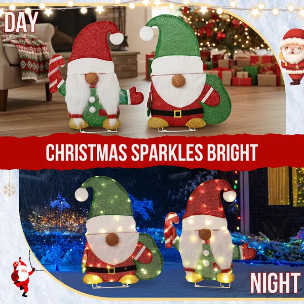 Aeelleea Set of 2 Lighted Christmas Gnome Yard Decorations, 2D Pre-lit 80 Warm White LED Lights, Indoor Outdoor Holiday Ornaments with Candy Cane