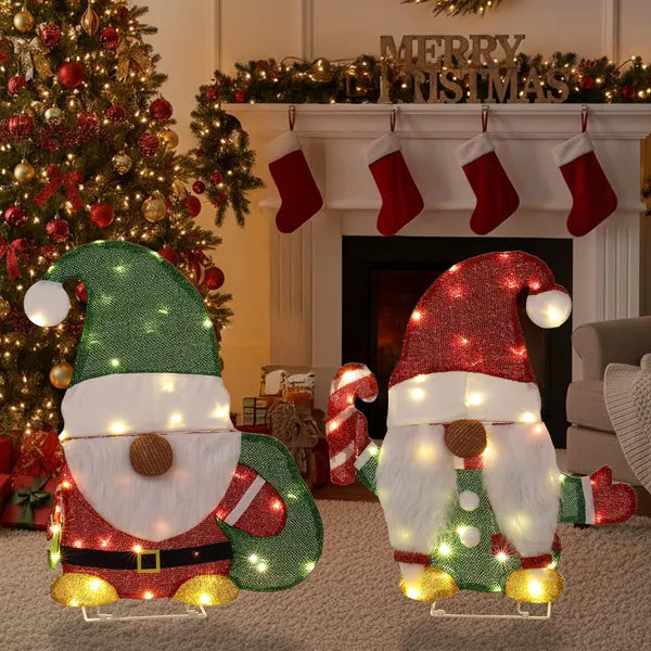 Aeelleea Set of 2 Lighted Christmas Gnome Yard Decorations, 2D Pre-lit 80 Warm White LED Lights, Indoor Outdoor Holiday Ornaments with Candy Cane