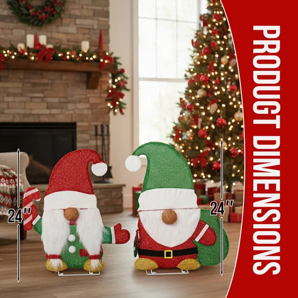 Aeelleea Set of 2 Lighted Christmas Gnome Yard Decorations, 2D Pre-lit 80 Warm White LED Lights, Indoor Outdoor Holiday Ornaments with Candy Cane