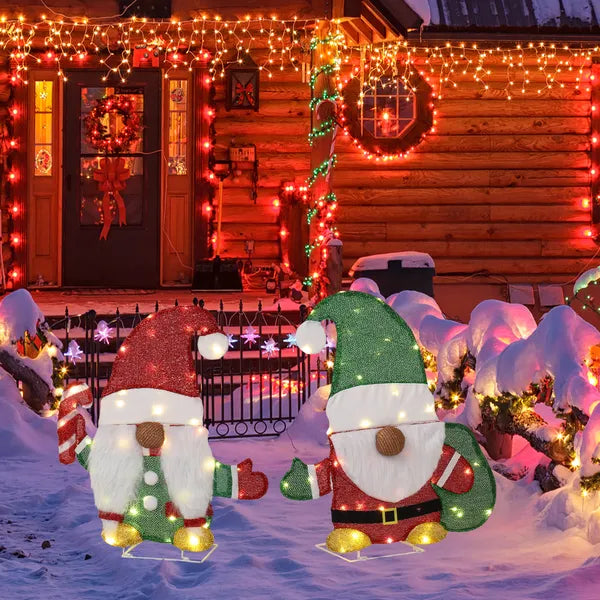Aeelleea Set of 2 Lighted Christmas Gnome Yard Decorations, 2D Pre-lit 80 Warm White LED Lights, Indoor Outdoor Holiday Ornaments with Candy Cane