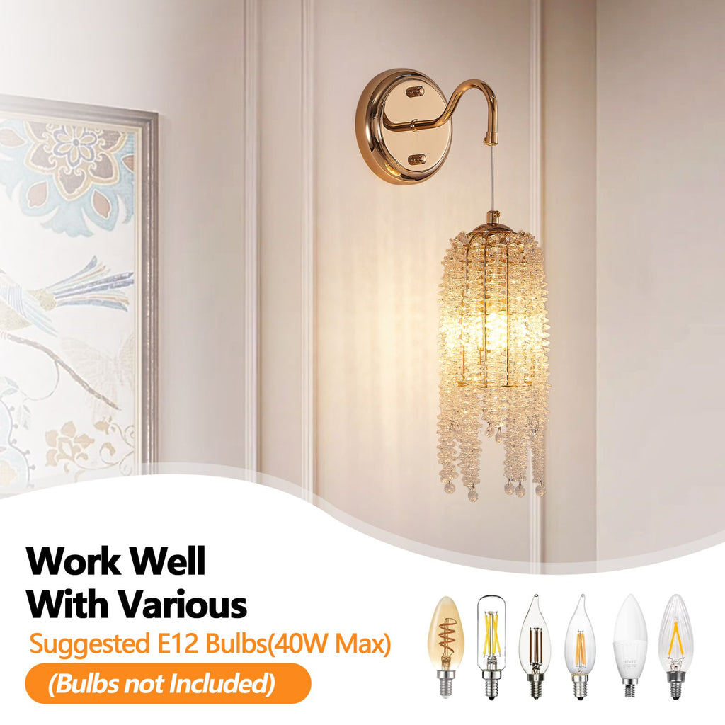Aeelleea Vintage Brass Crystal Beaded Wall Sconce Set of 2 for Bedroom