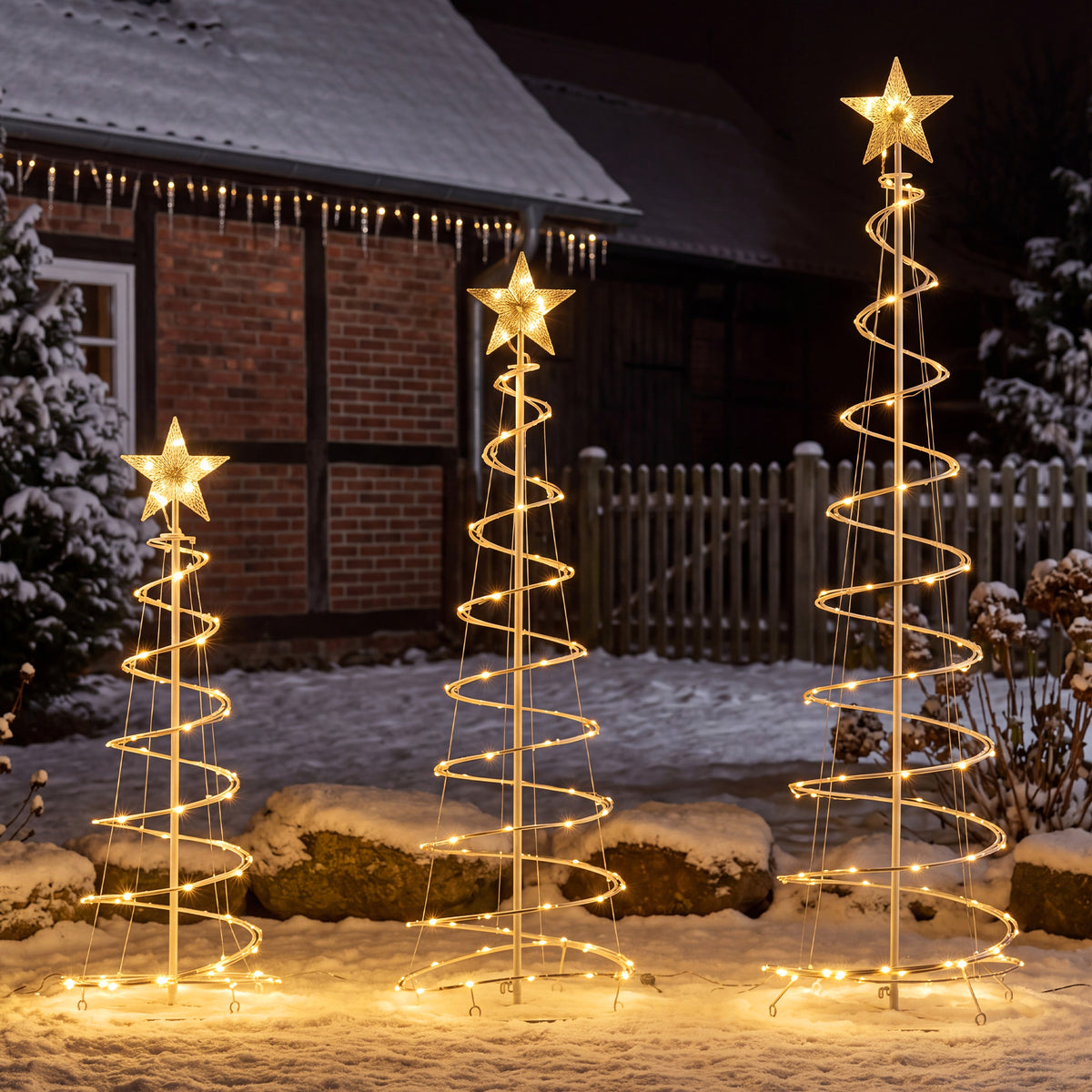 Aeelleea Warm Yellow 3 Pack Spiral Christmas Tree Lights, 3/4/5 ft Pre-Lit LED Xmas Yard Decor with Star Topper