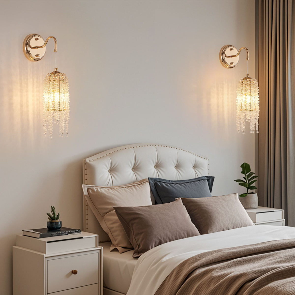 Aeelleea Vintage Brass Crystal Beaded Wall Sconce Set of 2 for Bedroom