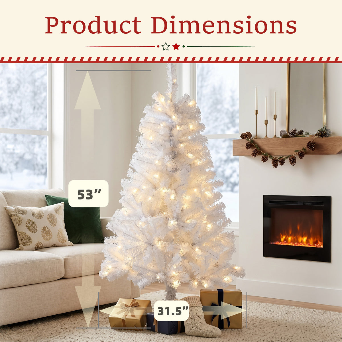 Aeelleea Prelit Realistic Spruce Christmas Tree with Metal Stand-White-6FT