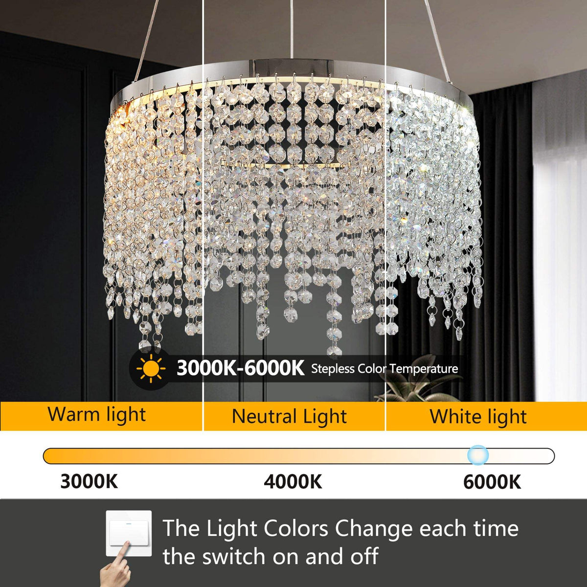 Aeelleea Modern 3-Tier Chrome Crystal Ring Chandelier for Dining Room
