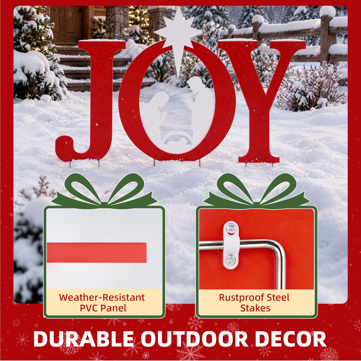 Aeelleea  White & Red3-Piece Joy Nativity Scene Outdoor Christmas Yard Sign, Star Silhouette with Ground Stakes