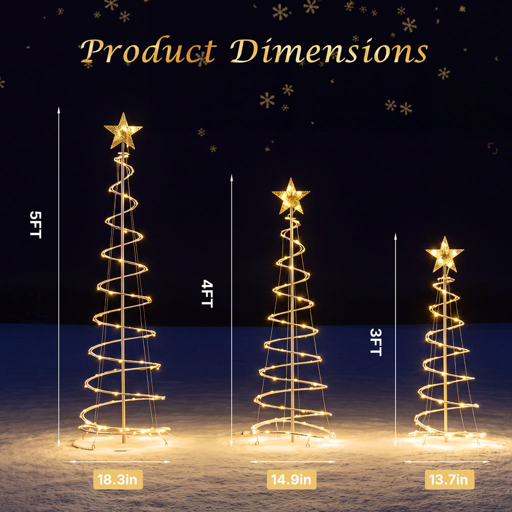 Aeelleea Warm Yellow 3 Pack Spiral Christmas Tree Lights, 3/4/5 ft Pre-Lit LED Xmas Yard Decor with Star Topper