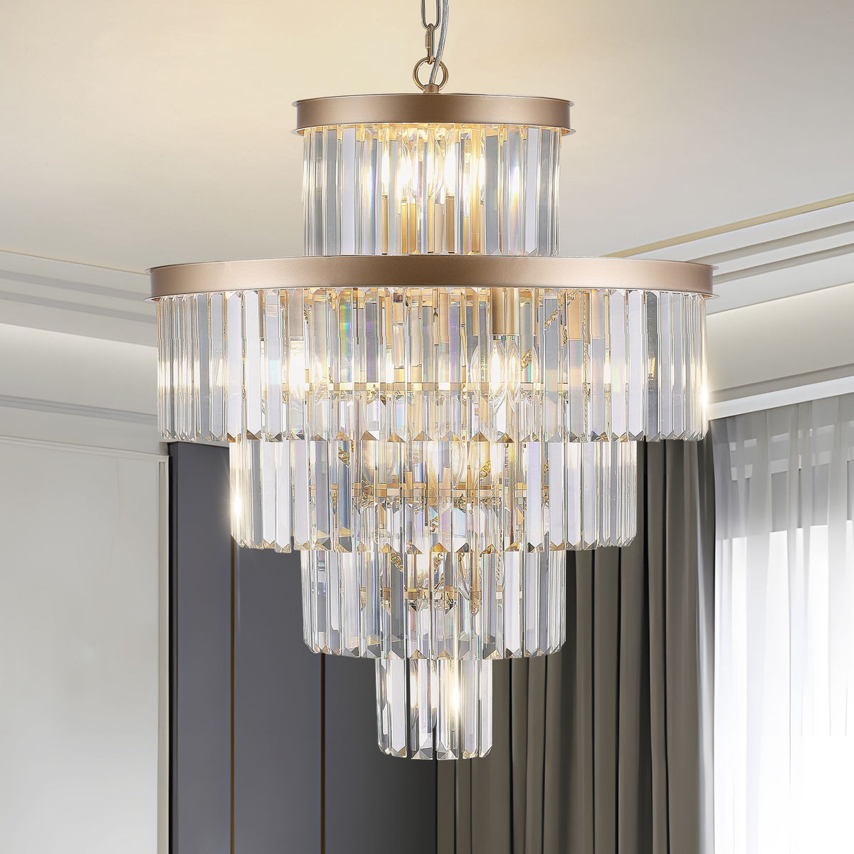 Aeelleea Large Gold-Finished Crystal Flush Mount Ceiling Chandelier for Dining Room
