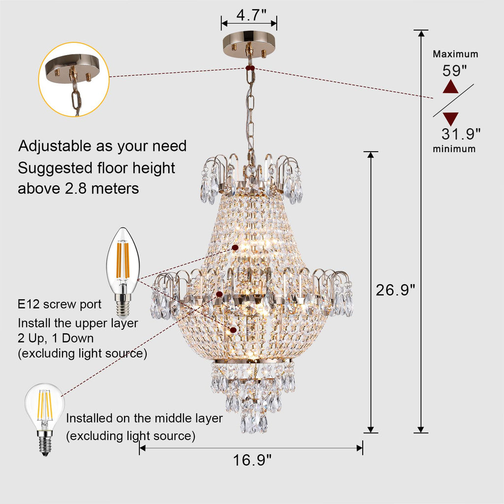 Aeelleea Empire-Style Gold Crystal Chandelier Vintage Ceiling Light for Dining Room