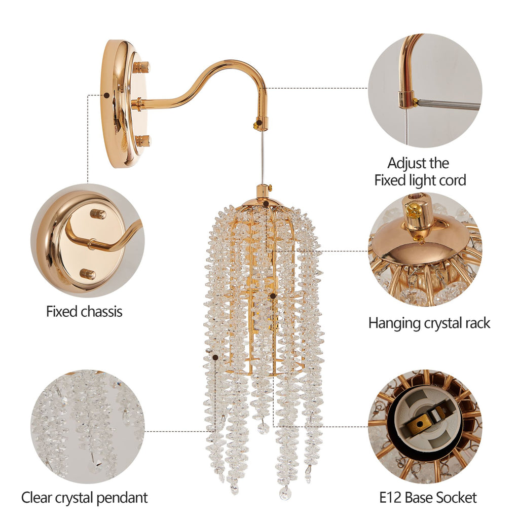 Aeelleea Vintage Brass Crystal Beaded Wall Sconce Set of 2 for Bedroom
