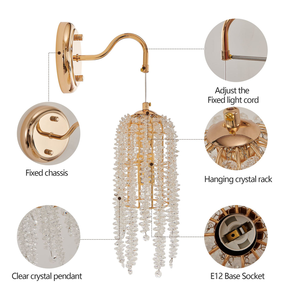 Aeelleea Vintage Brass Crystal Beaded Wall Sconce Set of 2 for Bedroom