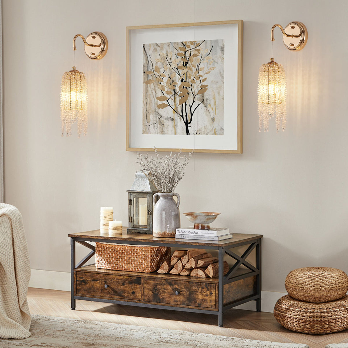 Aeelleea Vintage Brass Crystal Beaded Wall Sconce Set of 2 for Bedroom