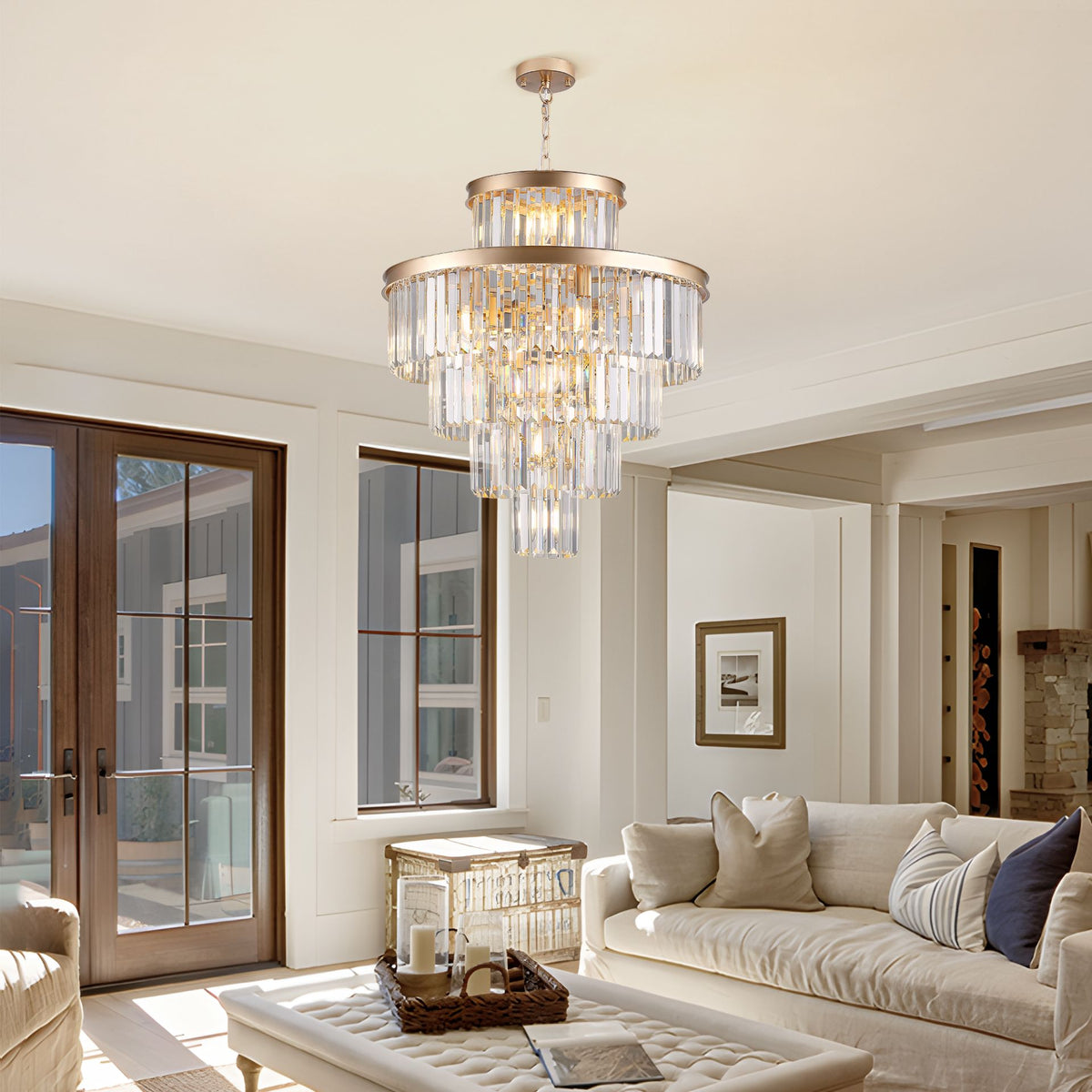 Aeelleea Large Gold-Finished Crystal Flush Mount Ceiling Chandelier for Dining Room