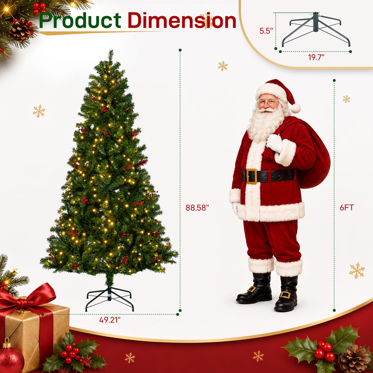 Aeelleea Pre-Lit Pre-Decorated Spruce Christmas Tree with Twinkling LEDs-9FT