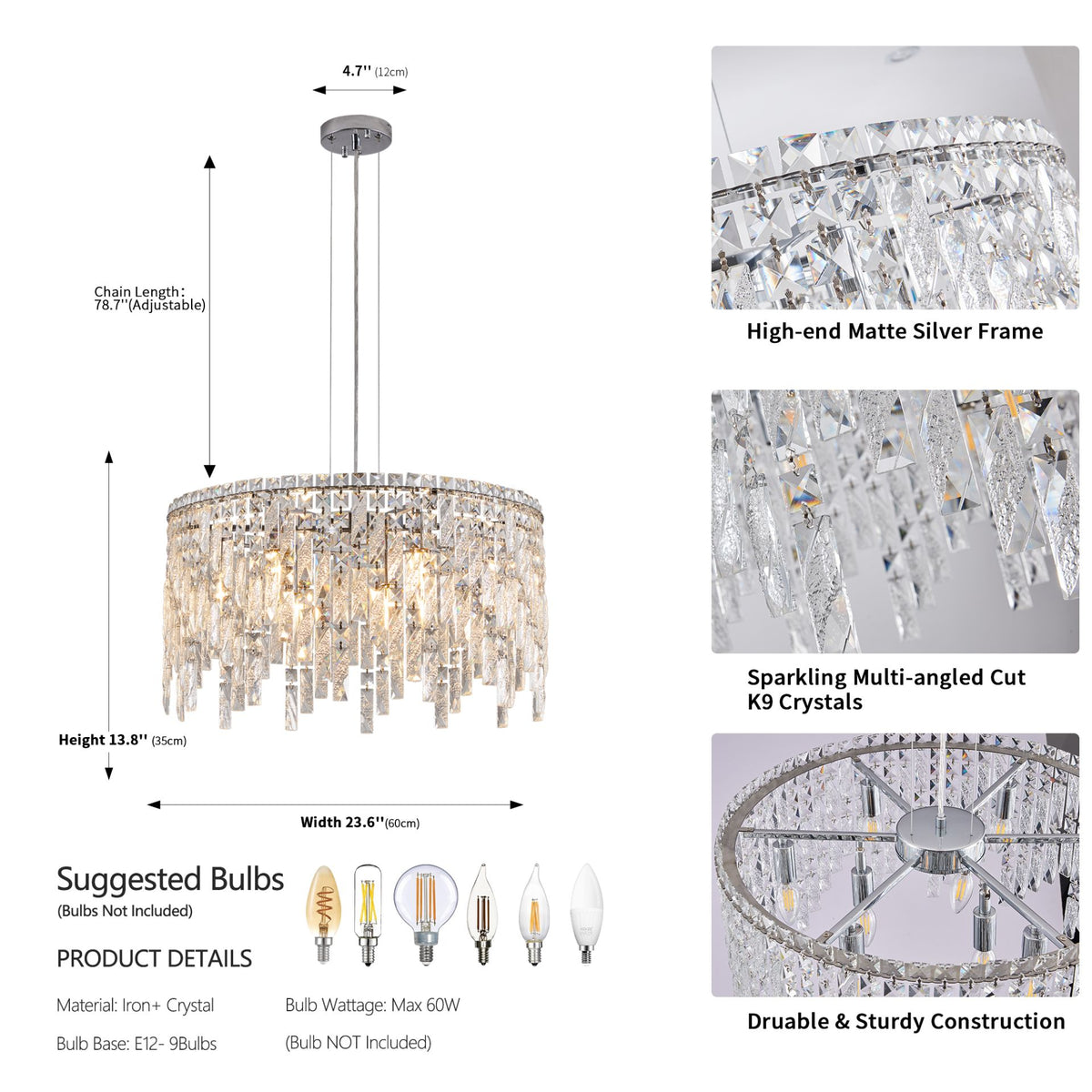 Aeelleea Chrome and Crystal Linear Raindrop Chandelier for Dining Room