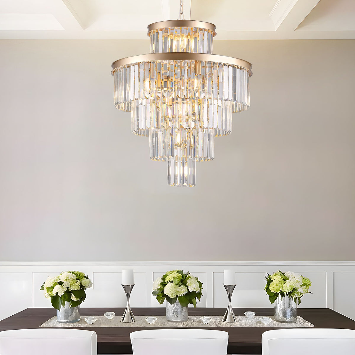 Aeelleea Large Gold-Finished Crystal Flush Mount Ceiling Chandelier for Dining Room
