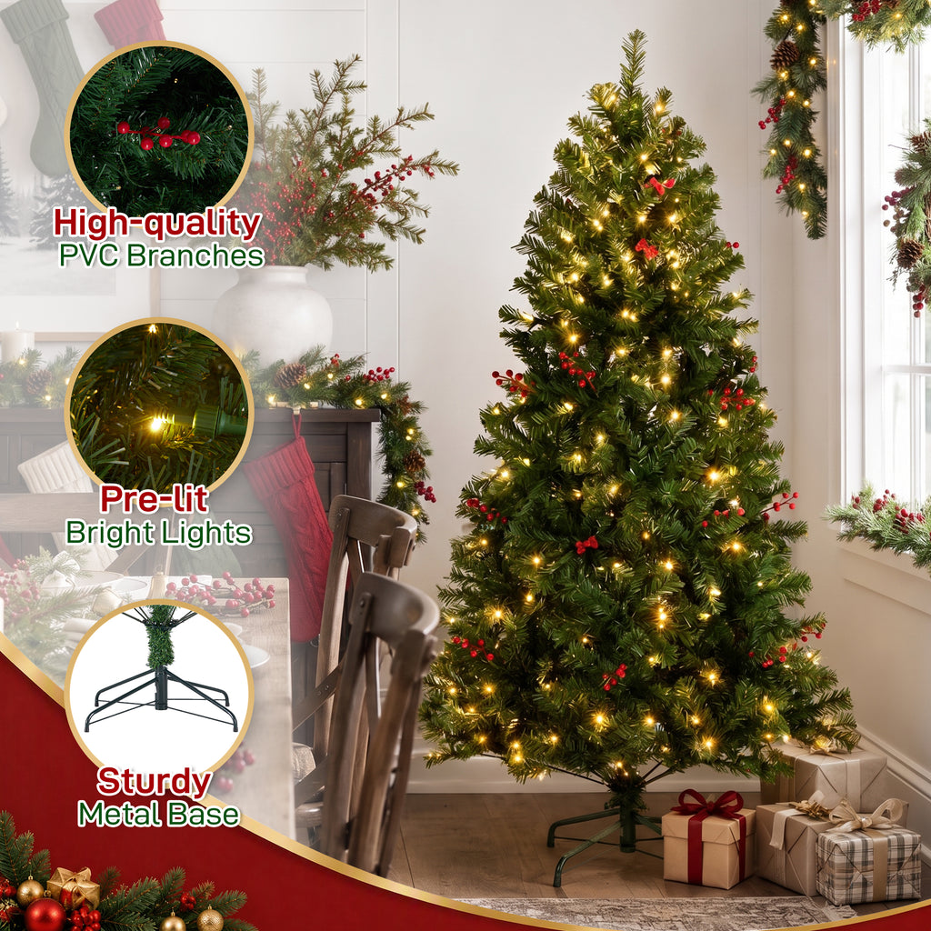 Aeelleea Pre-Lit Pre-Decorated Spruce Christmas Tree with Twinkling LEDs-9FT