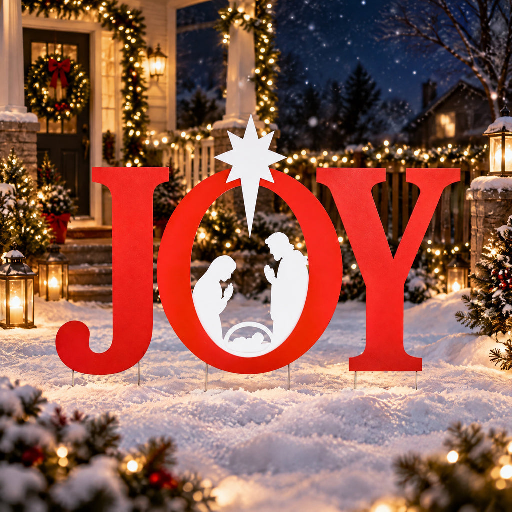 Aeelleea  White & Red3-Piece Joy Nativity Scene Outdoor Christmas Yard Sign, Star Silhouette with Ground Stakes