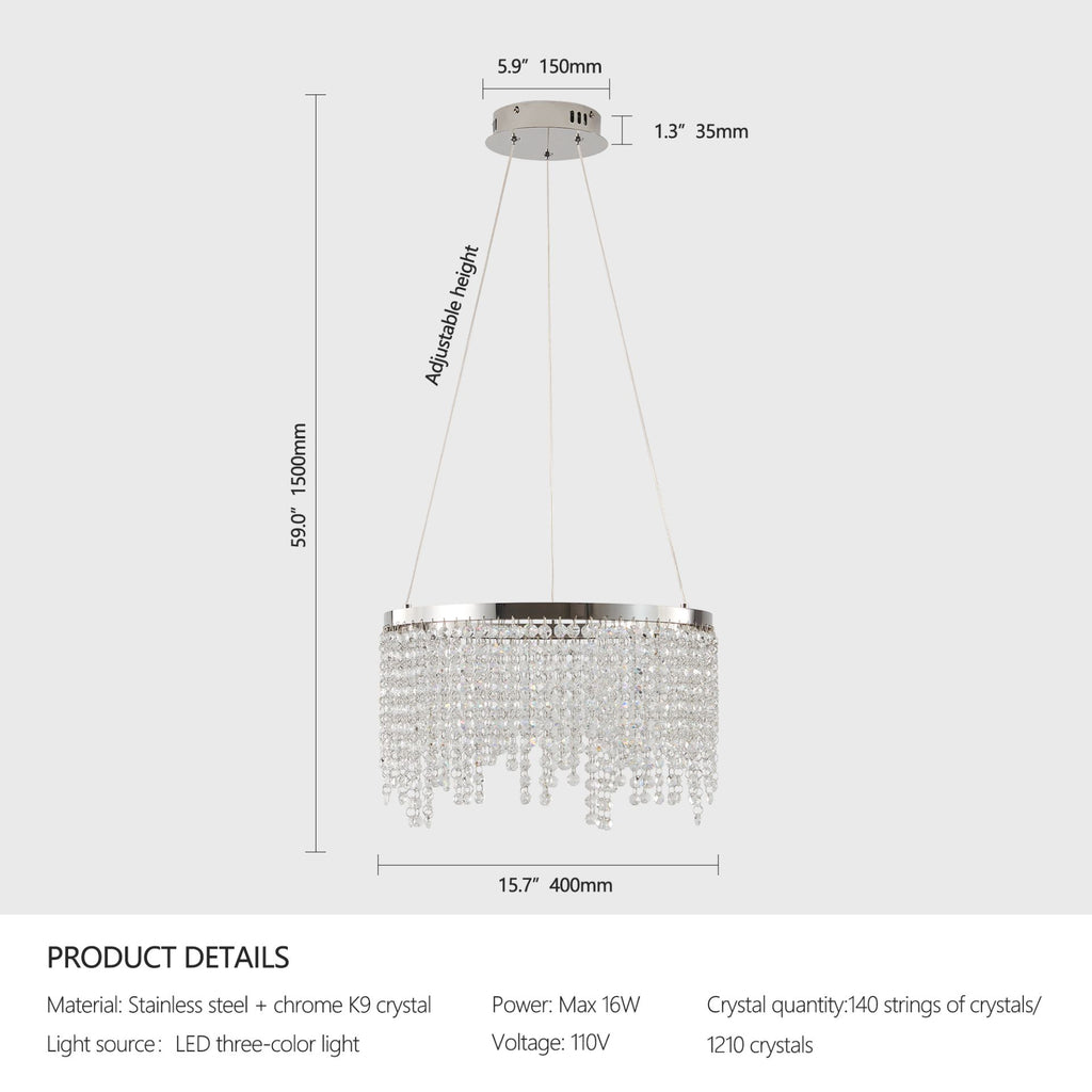 Aeelleea Modern 3-Tier Chrome Crystal Ring Chandelier for Dining Room