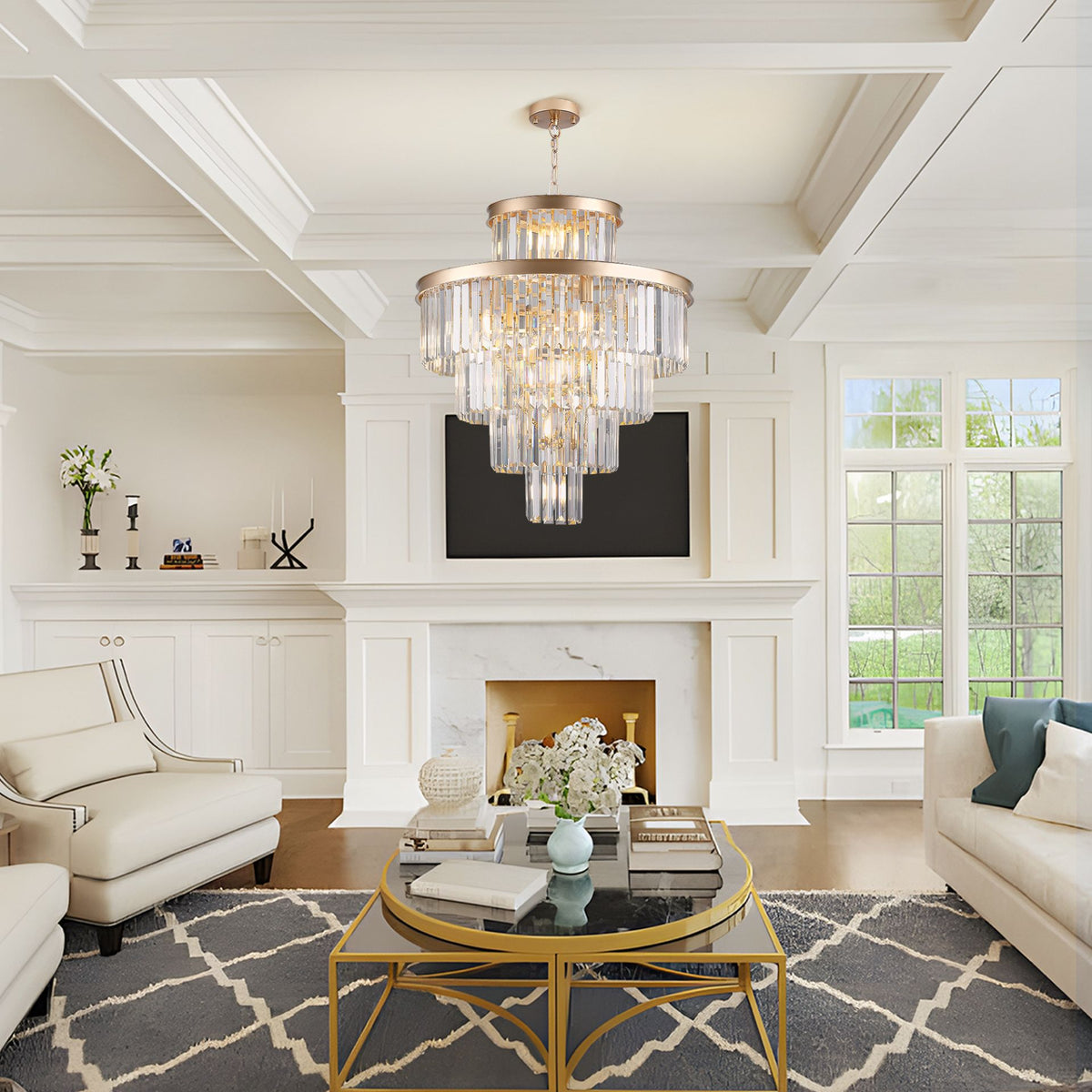 Aeelleea Large Gold-Finished Crystal Flush Mount Ceiling Chandelier for Dining Room