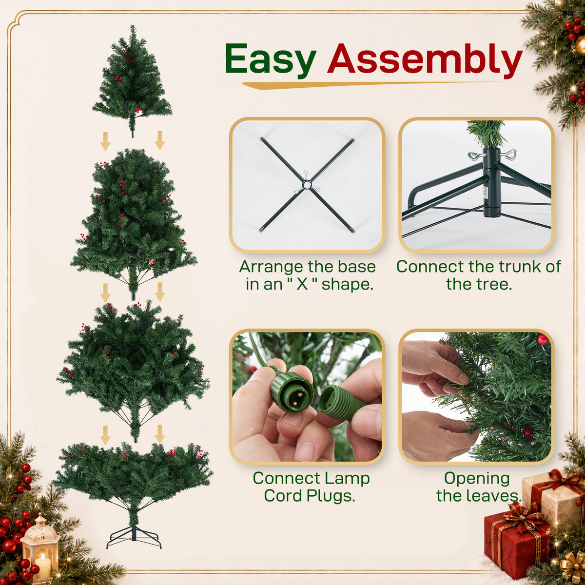 Aeelleea Pre-Lit Pre-Decorated Spruce Christmas Tree with Twinkling LEDs-9FT