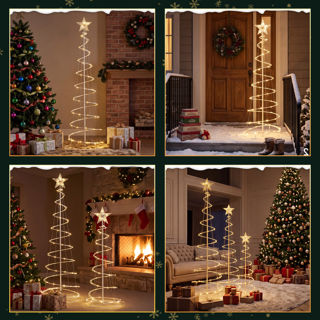 Aeelleea Warm Yellow 3 Pack Spiral Christmas Tree Lights, 3/4/5 ft Pre-Lit LED Xmas Yard Decor with Star Topper