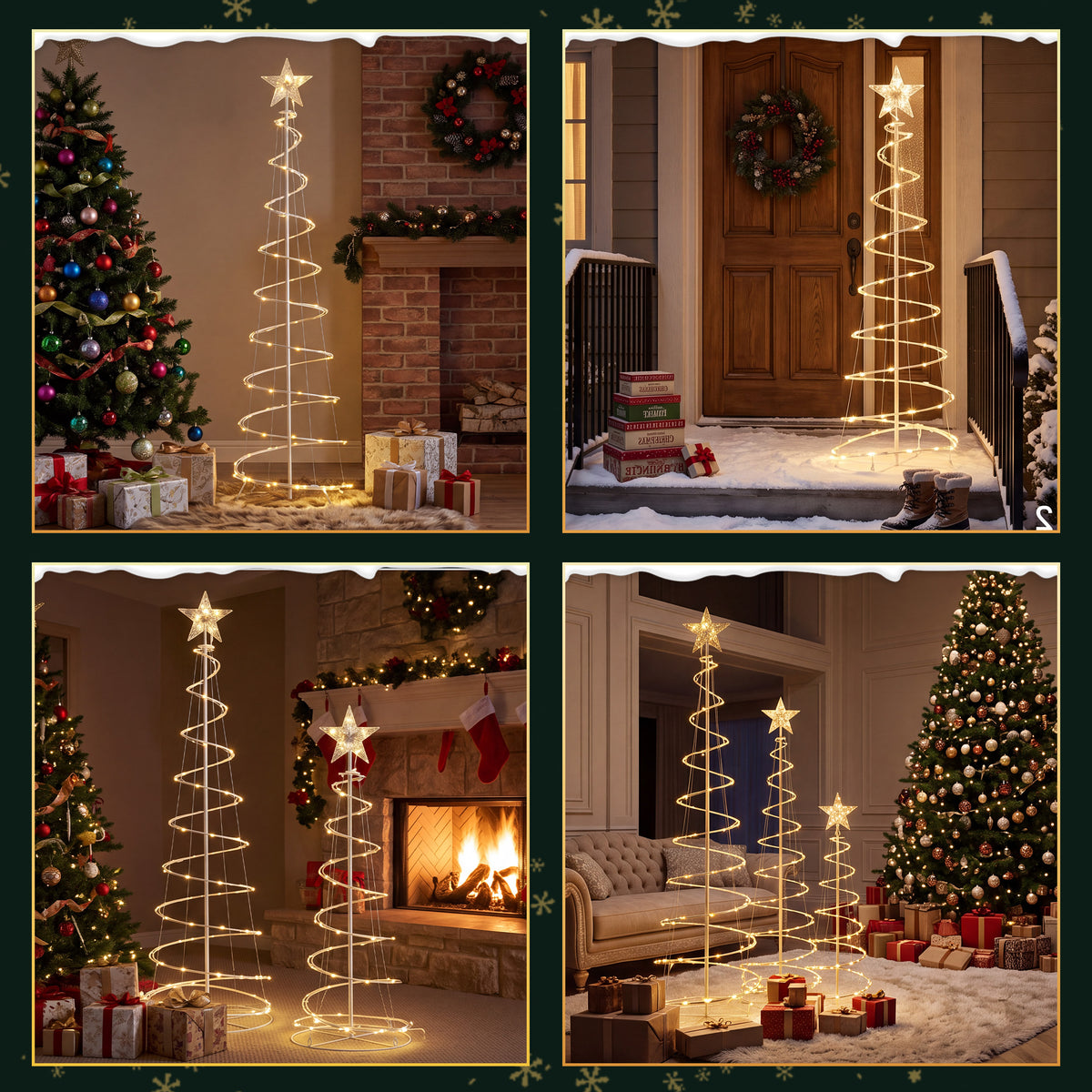 Aeelleea Warm Yellow 3 Pack Spiral Christmas Tree Lights, 3/4/5 ft Pre-Lit LED Xmas Yard Decor with Star Topper