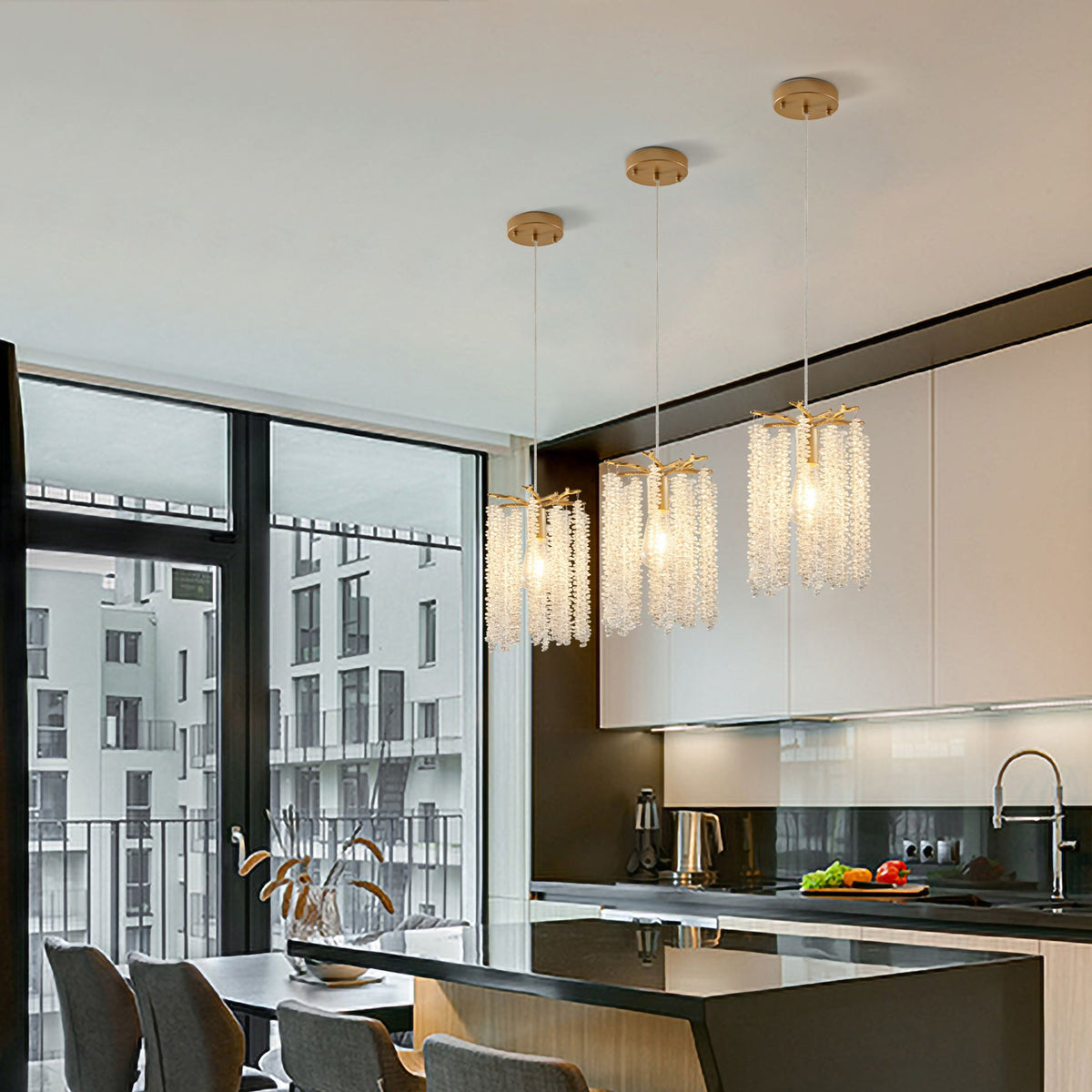 Aeelleea Chrome Crystal Mini Pendant Light Set 3-Pack Drum Ceiling Fixture for Kitchen