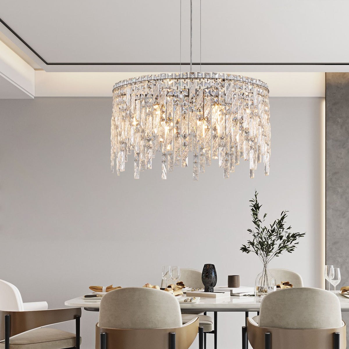 Aeelleea Chrome and Crystal Linear Raindrop Chandelier for Dining Room