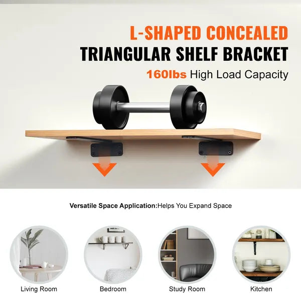 10.28in Heavy Duty Floating Shelf Brackets, 6 Pack Black Concealed L Shape Wall Mount Shelf Supports with Screws, for Wooden Floating Shelves