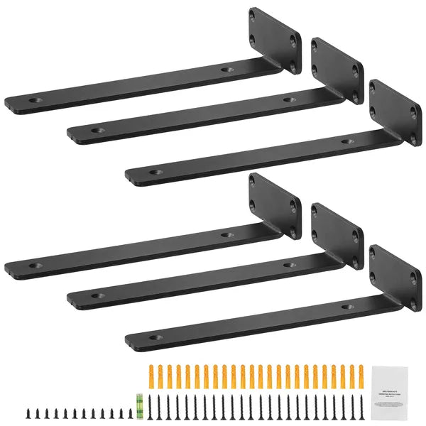 10.28in Heavy Duty Floating Shelf Brackets, 6 Pack Black Concealed L Shape Wall Mount Shelf Supports with Screws, for Wooden Floating Shelves