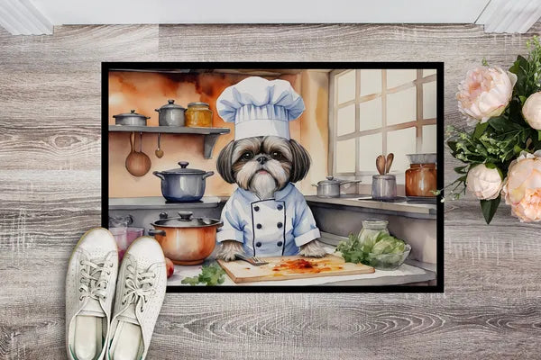 Aeelleea Shih Tzu Chef Doormat 24x36 Non Slip Washable Indoor Outdoor